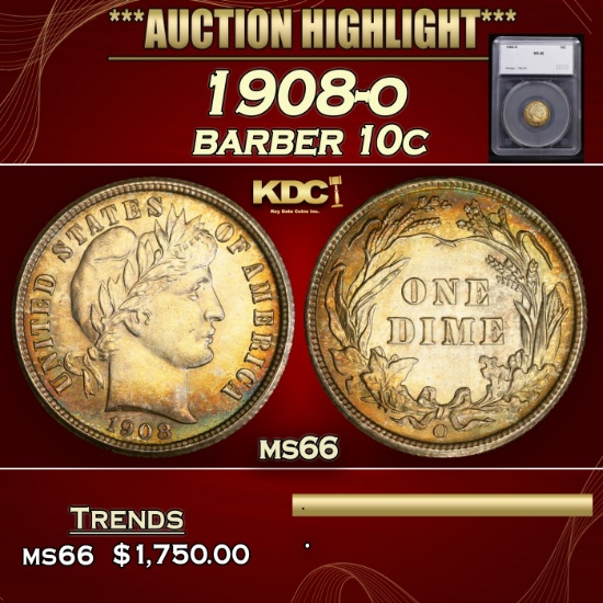 *Highlight* 1908-o Barber Dime 10c ms66 SEGS (fc)