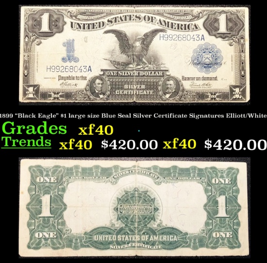 1899 "Black Eagle" $1 large size Blue Seal Silver Certificate Grades xf Signatures Elliott/White