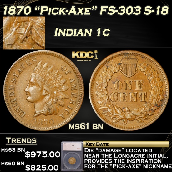 1870 Indian Cent "Pick-Axe" FS-303 S-18 1c ms61 bn SEGS
