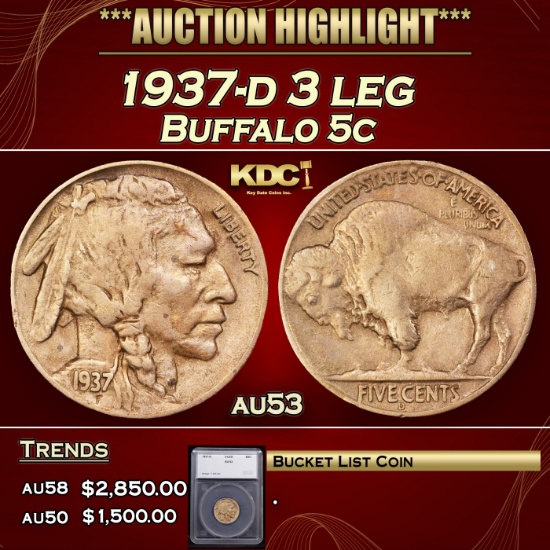*Highlight* 1937-d 3 leg Buffalo Nickel 5c au53 SEGS (fc)