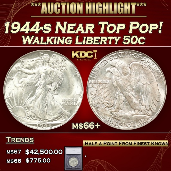 *Highlight* 1944-s Walking Liberty Half Dollar Near Top Pop! 50c ms66+ SEGS (fc)