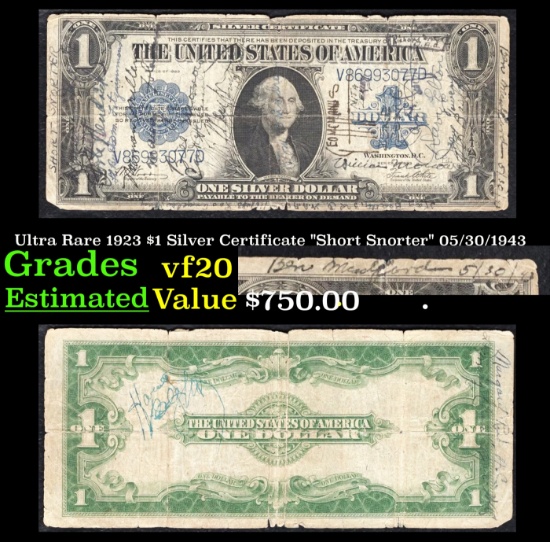 Ultra Rare 1923 $1 Silver Certificate "Short Snorter" 05/30/1943 Grades vf, very fine