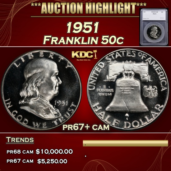 *Highlight* 1951 Proof Franklin Half Dollar 50c pr67+ cam SEGS (fc)