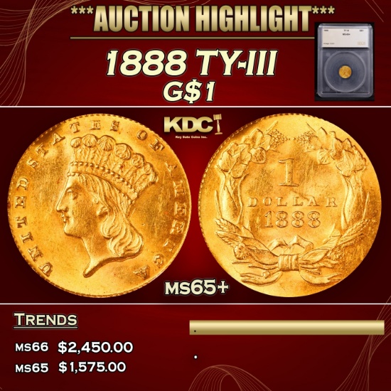 *Highlight* 1888 Gold Dollar TY-III $1 ms65+ SEGS (fc)