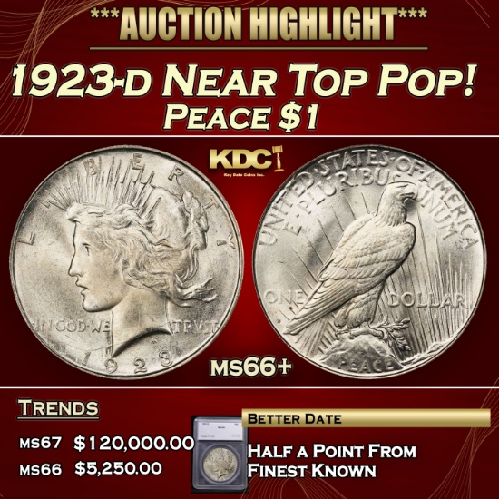 *Highlight* 1923-d Peace Dollar Near Top Pop! $1 ms66+ SEGS (fc)