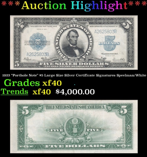 *Highlight* 1923 "Porthole Note" $5 Large Size Silver Certificate Grades xf Signatures Speelman/Whit