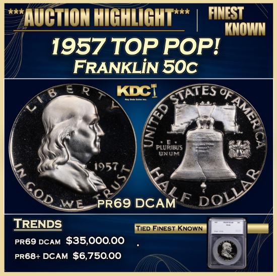 *Highlight* 1957 Proof Franklin Half Dollar TOP POP! 50c pr69 DCAM SEGS (fc)