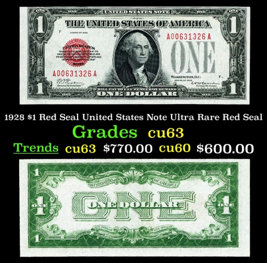 1928 $1 Red Seal United States Note Ultra Rare Red Seal Grades Select CU