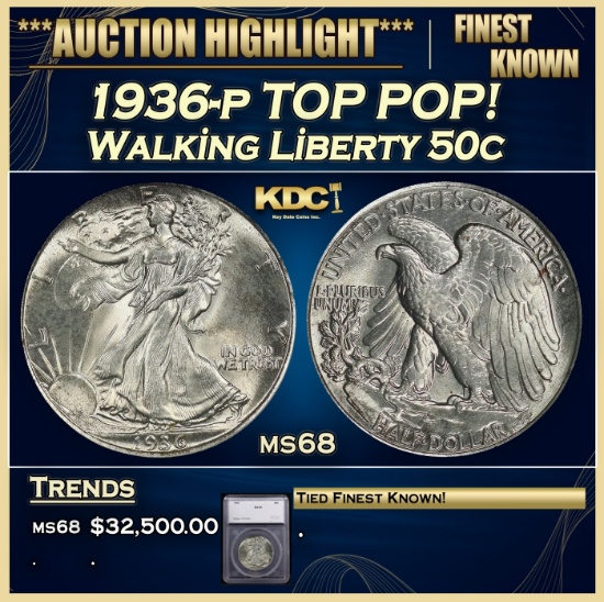 *Highlight* 1936-p Walking Liberty Half Dollar TOP POP! 50c ms68 SEGS (fc)