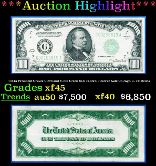 *Highlight* 1934A President Grover Cleveland $1000 Green Seal Federal Reserve Note Chicago, IL Grade