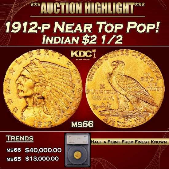 *Highlight* 1912-p Gold Indian Quarter Eagle Near Top Pop! $2 1/2 ms66 SEGS (fc)