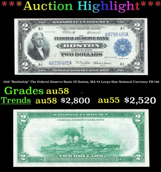 *Highlight* 1918 "Battleship" The Federal Reserve Bank Of Boston, MA $2 Large Size National Currency