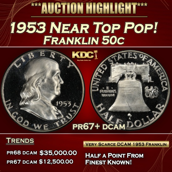 *Highlight* 1953 Proof Franklin Half Dollar Near Top Pop! 50c pr67+ dcam SEGS (fc)
