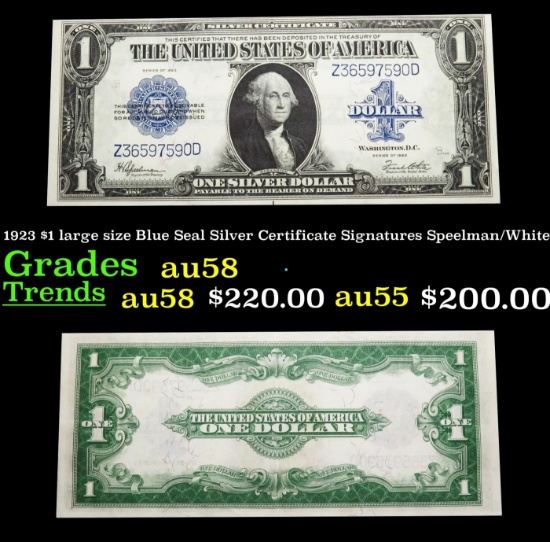 1923 $1 large size Blue Seal Silver Certificate Grades Choice AU/BU Slider Signatures Speelman/White