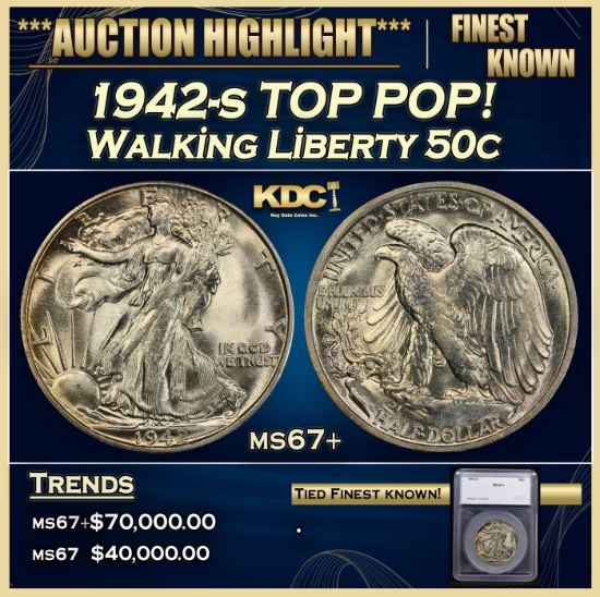 *Highlight* 1942-s Walking Liberty Half Dollar TOP POP! 50c ms67+ SEGS (fc)