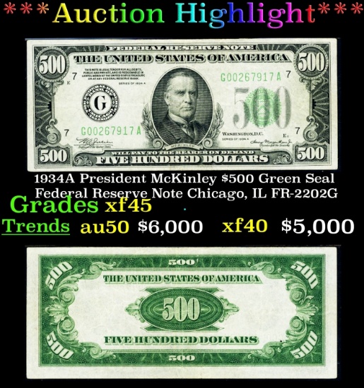 *Highlight* 1934A President McKinley $500 Green Seal Federal Reserve Note Chicago, IL Grades xf+ FR-