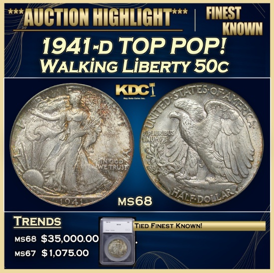 *Highlight* 1941-d Walking Liberty Half Dollar TOP POP! 50c ms68 SEGS (fc)