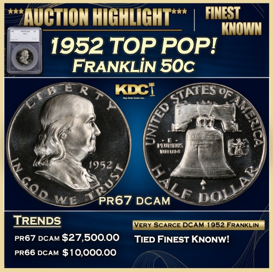 *Highlight* 1952 Proof Franklin Half Dollar TOP POP! 50c pr67 dcam SEGS (fc)