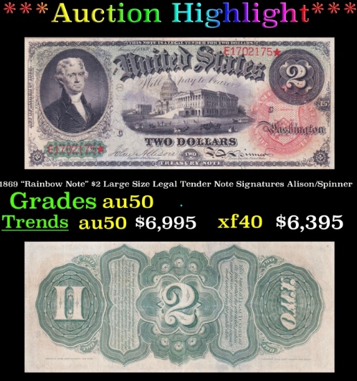 *Highlight* 1869 "Rainbow Note" $2 Large Size Legal Tender Note Grades AU, Almost Unc Signatures Ali
