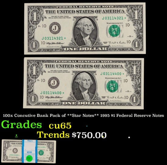 100x Concutive Bank Pack of 1995 $1 Federal Resrrve Notes $1 Green Seal Federal Reserve Note Grades