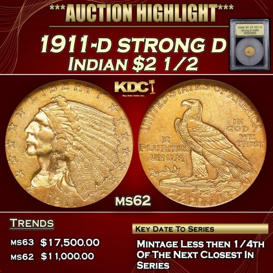 *Highlight* 1911-d strong d Gold Indian Quarter Eagle $2 1/2 Select Unc USCG (fc)
