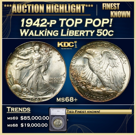 *Highlight* 1942-p Walking Liberty Half Dollar TOP POP! 50c ms68+ SEGS (fc)