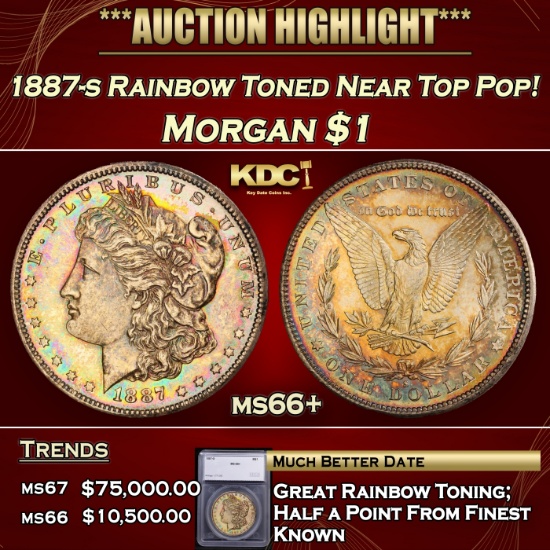 *Highlight* 1887-s Morgan Dollar Rainbow Toned Near Top Pop! $1 ms66+ SEGS (fc)
