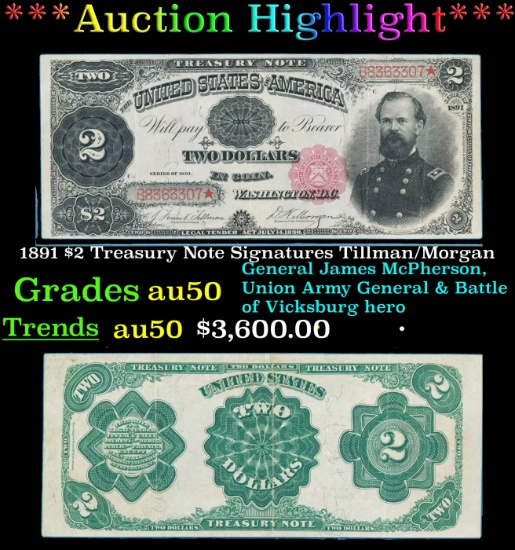 *Highlight* 1891 $2 Treasury Note Grades AU, Almost Unc Signatures Tillman/Morgan (fc)
