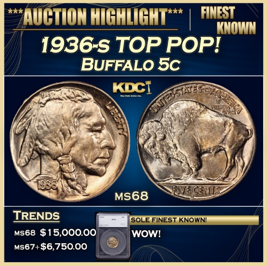 *Highlight* 1936-s Buffalo Nickel TOP POP! 5c ms68 SEGS (fc)