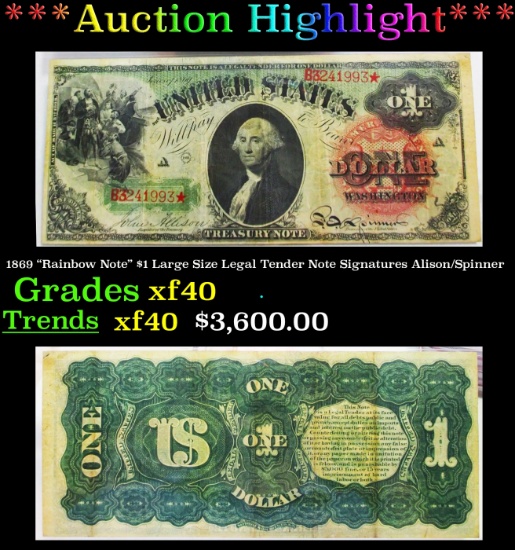 *Highlight* 1869 "Rainbow Note" $1 Large Size Legal Tender Note Grades xf Signatures Alison/Spinner
