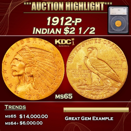 *Highlight* 1912-p Gold Indian Quarter Eagle $2 1/2 ms65 SEGS (fc)