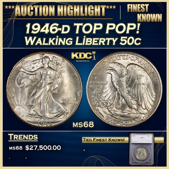 *Highlight* 1946-d Walking Liberty Half Dollar TOP POP! 50c ms68 SEGS (fc)