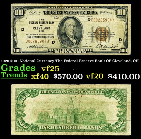 1929 $100 National Currency The Federal Reserve Bank OF Cleveland, OH Grades vf+