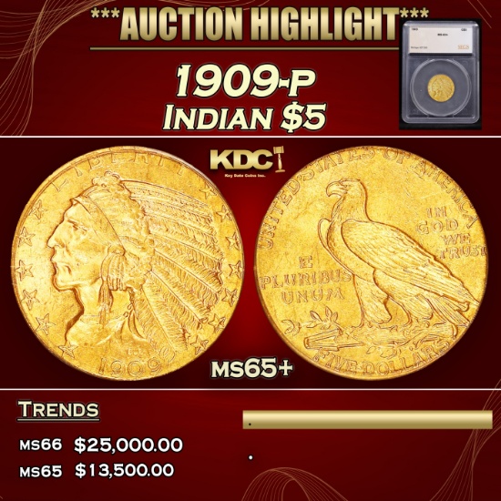 *Highlight* 1909-p Gold Indian Half Eagle $5 ms65+ SEGS (fc)