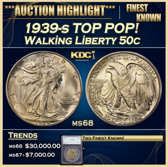 *Highlight* 1939-s Walking Liberty Half Dollar TOP POP! 50c ms68 SEGS (fc)