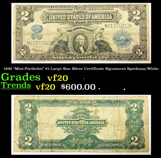 1899 "Mini-Portholes" $2 Large Size Silver Certificate Grades vf, very fine Signatures Speelman/Whit