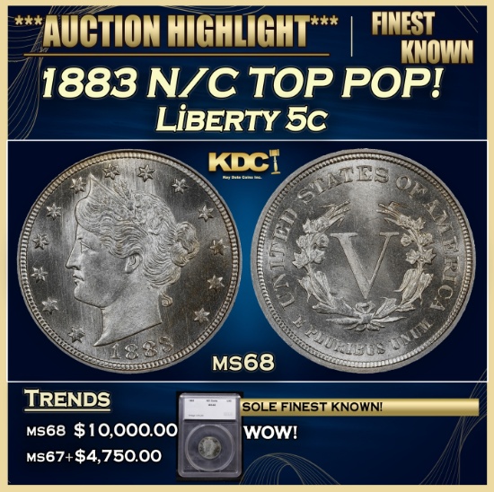 *Highlight* 1883 N/C Liberty Nickel TOP POP! 5c ms68 SEGS (fc)