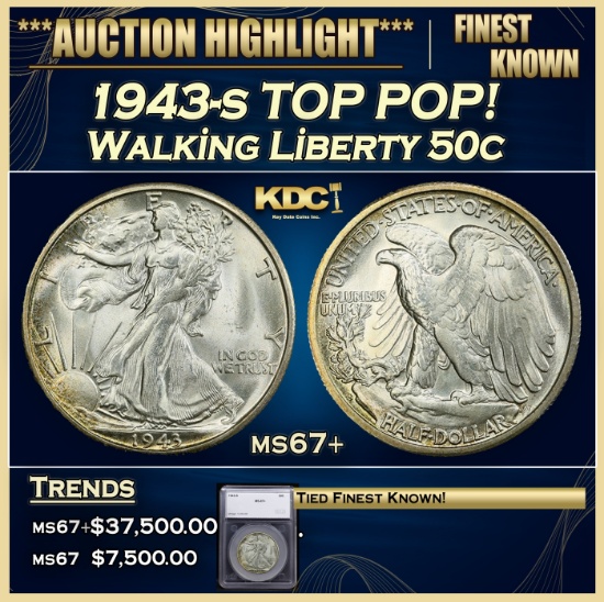 *Highlight* 1943-s Walking Liberty Half Dollar TOP POP! 50c ms67+ SEGS (fc)