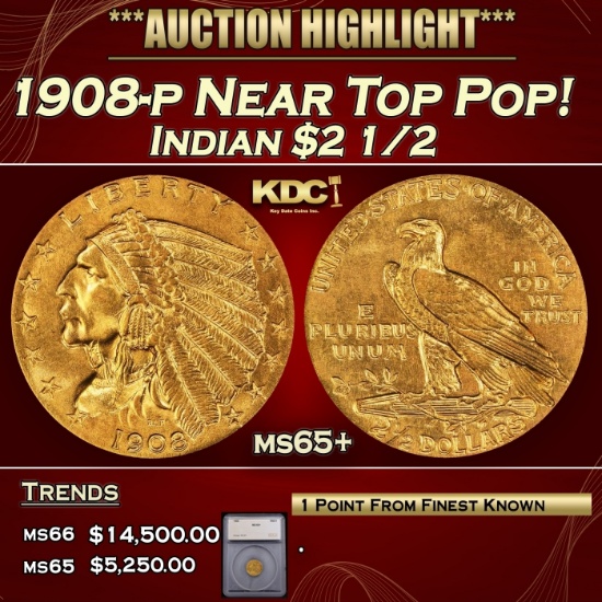 *Highlight* 1908-p Gold Indian Quarter Eagle Near Top Pop! $2 1/2 ms65+ SEGS (fc)