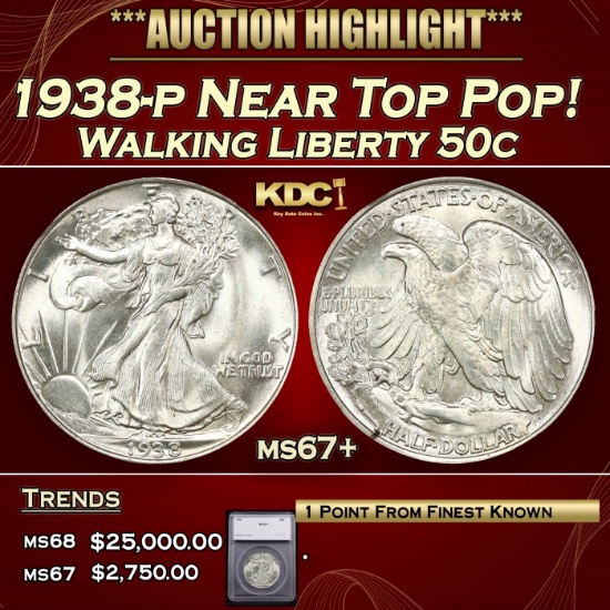 *Highlight* 1938-p Walking Liberty Half Dollar Near Top Pop! 50c ms67+ SEGS (fc)