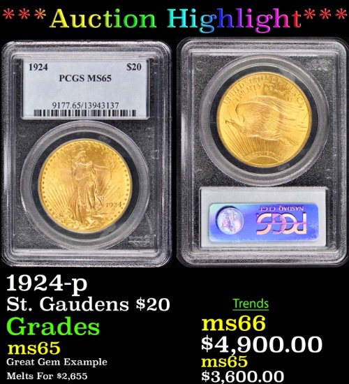 *Highlight* PCGS 1924-p Gold St. Gaudens Double Eagle $20 ms65 PCGS (fc)