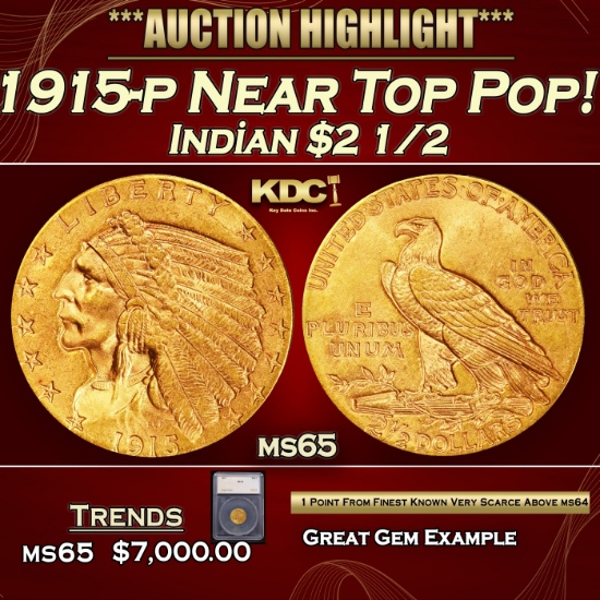 *Highlight* 1915-p Gold Indian Quarter Eagle Near Top Pop! $2 1/2 ms65 SEGS (fc)