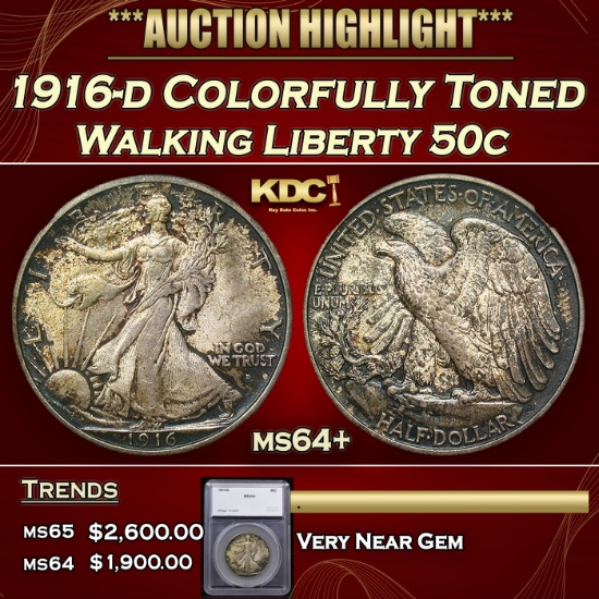 *Highlight* 1916-d Walking Liberty Half Dollar Colorfully Toned 50c ms64+ SEGS (fc)
