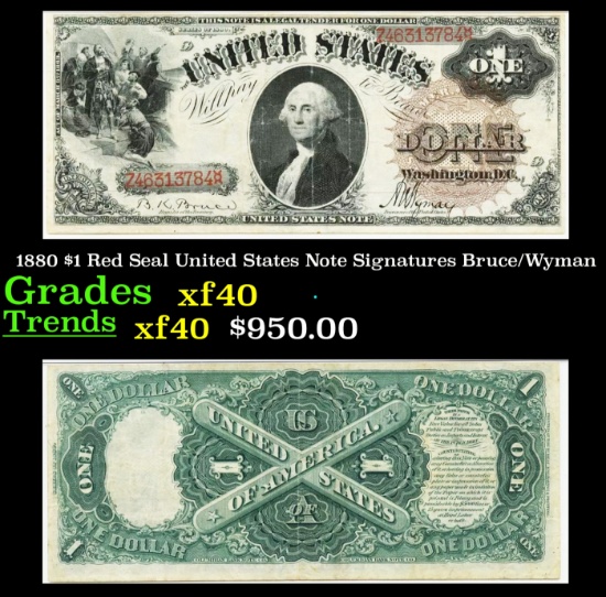 1880 $1 Red Seal United States Note Grades xf Signatures Bruce/Wyman
