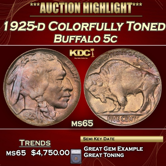 *Highlight* 1925-d Buffalo Nickel Colorfully Toned 5c ms65 SEGS (fc)