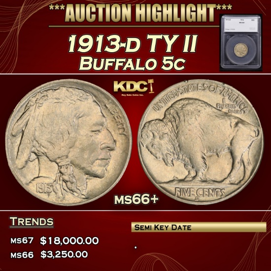 *Highlight* 1913-d TY II Buffalo Nickel 5c ms66+ SEGS (fc)