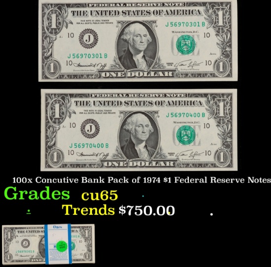 100x Concutive Bank Pack of 1974 $1 Federal Resrrve Notes $1 Green Seal Federal Reserve Note Grades