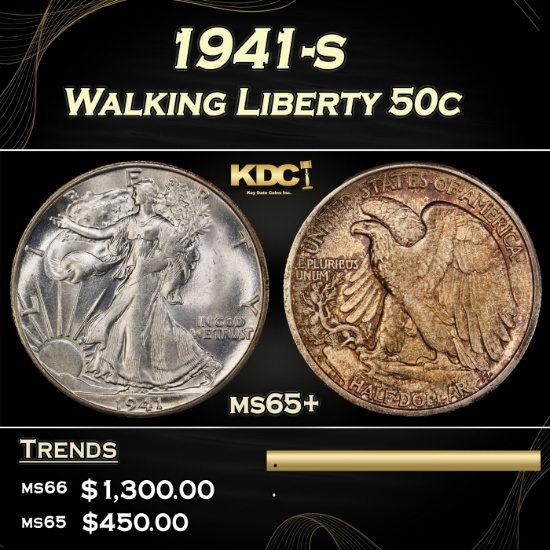 1941-s Walking Liberty Half Dollar 50c Grades GEM+ Unc