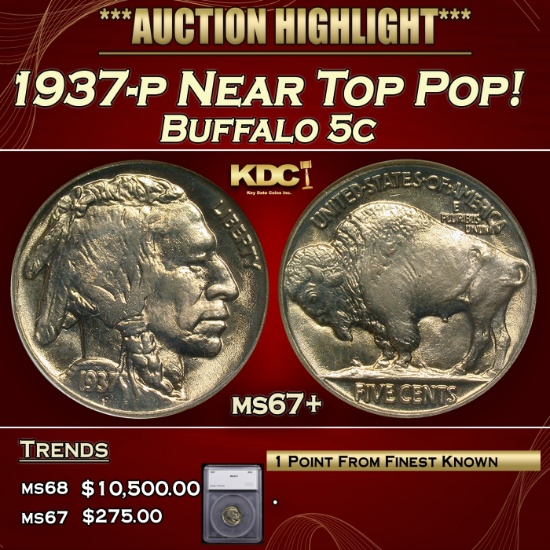 *Highlight* 1937-p Buffalo Nickel Near Top Pop! 5c ms67+ SEGS (fc)