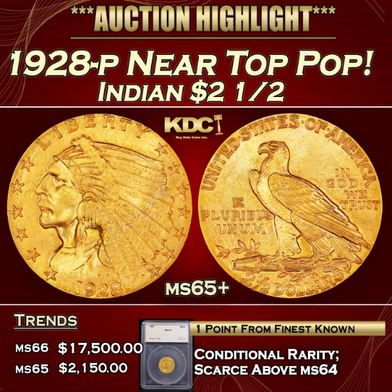 *Highlight* 1928-p Gold Indian Quarter Eagle Near Top Pop! $2 1/2 ms65+ SEGS (fc)